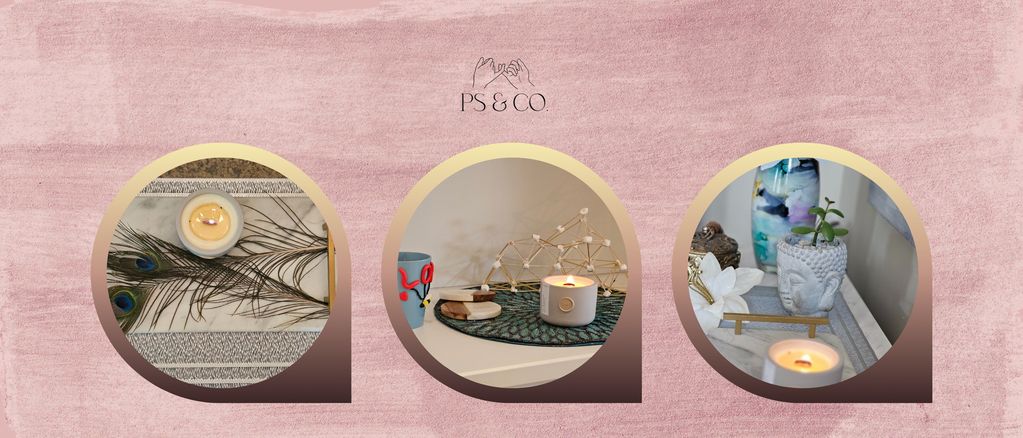 Three Pinky Swear & Co. coconut soy candles styled in peaceful home settings — featuring wooden wicks, clean-burning wax, and elegant decor. Non-toxic, hand-poured candles perfect for modern mindful spaces.