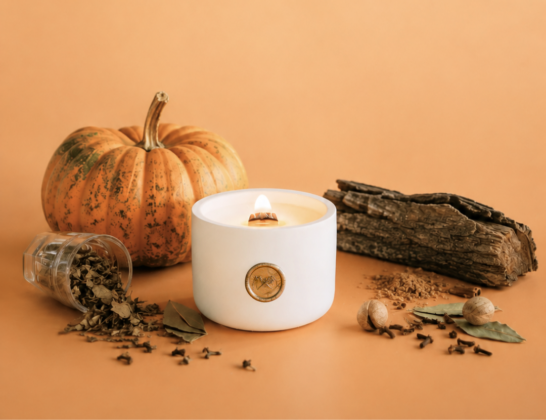 The Pumpkin Patch pumpkin and patchouli candle by Pinky Swear & Co. with pumpkin and warm fall spices.